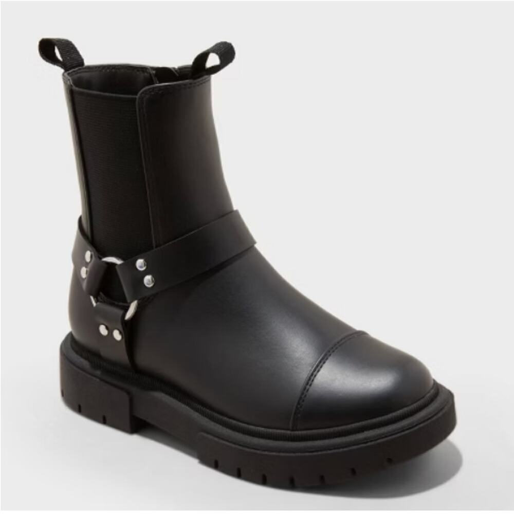 Art Class Kids Black Crosby Harness Ankle Zip Moto Biker Boots Size 3